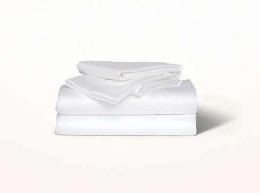 Organic cotton sateen hemstitched sheet set in white - luxury bedding made in Portugal